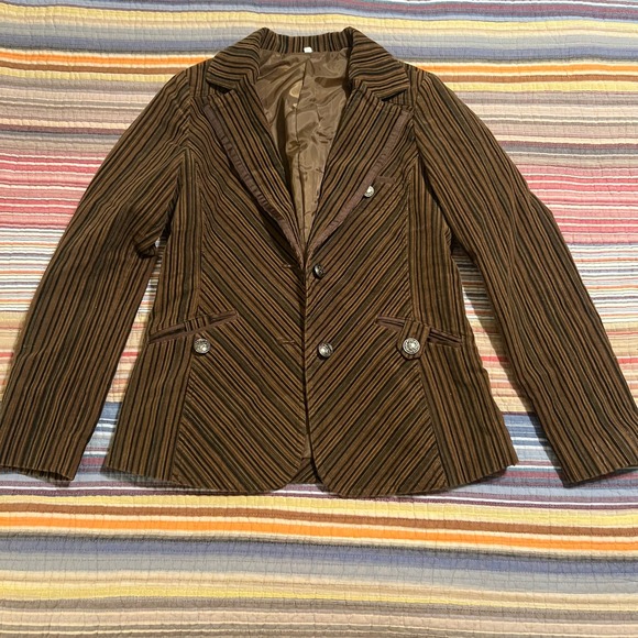 Jackets & Blazers - Vintage Korean Striped Blazer Brown Black Green Button Up Lapel Collar Jacket